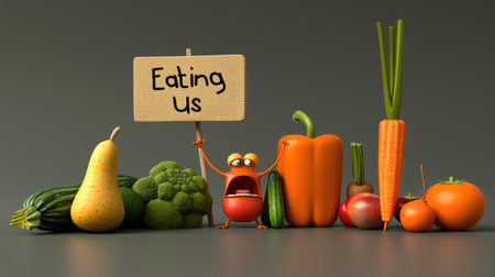 Joyful produce: cartoon characters, happy cute vegetables, and fruits holding a sign 'Eating Us.' A whimsical portrayal promoting the concept of proper nutrition and a healthy lifestyleの素材