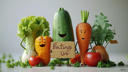 Joyful produce: cartoon characters, happy cute vegetables, and fruits holding a sign 'Eating Us.' A whimsical portrayal promoting the concept of proper nutrition and a healthy lifestyleの素材