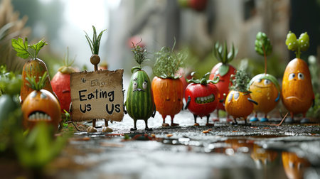 Joyful produce: cartoon characters, happy cute vegetables, and fruits holding a sign 'Eating Us.' A whimsical portrayal promoting the concept of proper nutrition and a healthy lifestyleの素材