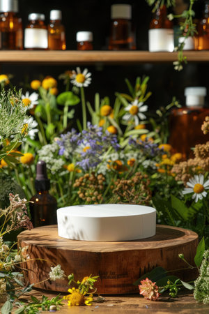 Herbal medicine stand: empty podium on table for supplements, alternative medicine, homeopathy, herbal treatment, natural products, with banner and copy space for advertising and promotion mockupの素材