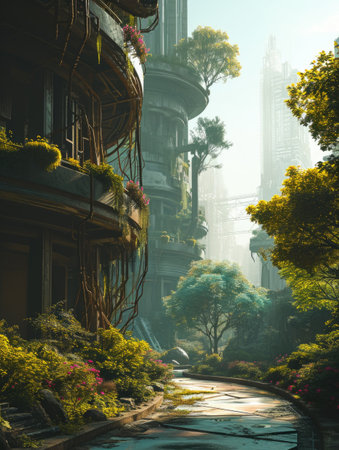 A city in the future covered in greenery, forest and trees filled the Megopolis , Abandoned , Empty streets, overgrown, alternativeの素材