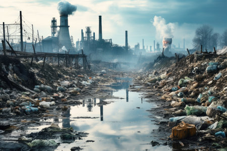 Environmental pollution, hazardous and harmful waste, toxic fumes, soil and air pollution, global problem, crisis.の素材