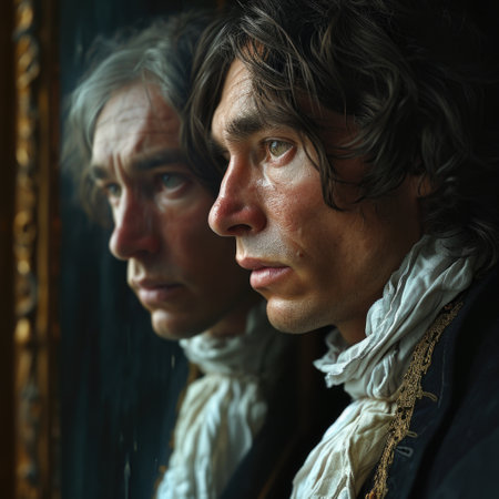 Dorian Gray and his aging old portrait. The once pristine canvas now mirrors his hidden sins, capturing the decay of his soul as time etches its mark on the haunting masterpieceの素材