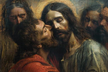 The kiss of judas: dramatic portrayal captures biblical betrayal, tension, and conflict as judas iscariot betrays jesus with a kiss, symbolizing spiritual depth and iconic Christian symbolism.の素材