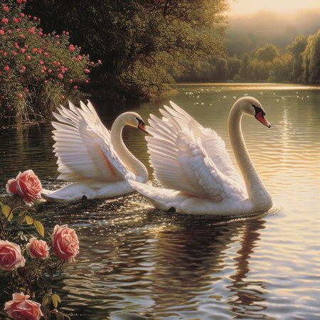 Serene embrace: two swans in love, a graceful display of adoration and unity in the swanst's affectionate bond, a symbol of tranquility and everlasting companionship in the natural worldの素材