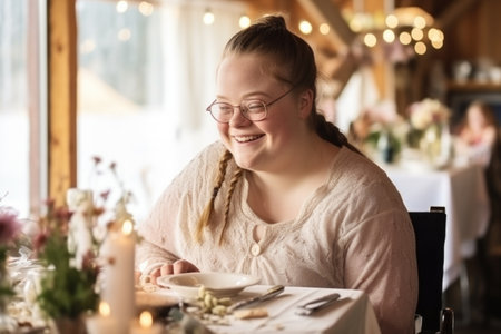Down syndrome persona, resilience and positivity, radiant joy, genuine smileの素材