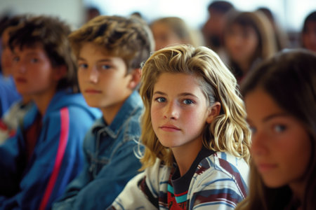 Nostalgic school days: a vibrant glimpse into the 1990s with schoolchildren and teenagers, capturing the essence of youth culture, education, friendships, and iconic fashion.の素材
