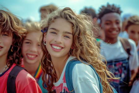 Nostalgic school days: a vibrant glimpse into the 1990s with schoolchildren and teenagers, capturing the essence of youth culture, education, friendships, and iconic fashion.の素材