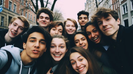 Global smiles: capturing joy in group selfies of cheerful and happy young people diverse nationalities, celebrating unity, friendship, cultural harmony in shared moments of happiness and togethernessの素材