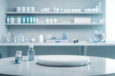 pharmacology medicine stand , empty podium on table with banner and copy space, showcasing pharmaceutical products, research, and innovation in the healthcare industry mockupの素材