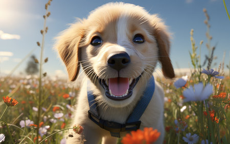 Whimsical wonder: adorable animation brings to life a cute and funny golden retriever puppy in a charming cartoon adventure full of playful antics and heartwarming momentsの素材
