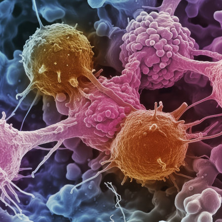 Cancer cells: a microscopic intricate world of cellular anomalies, a glimpse into the scientific realm of pathology, oncology, medical research unraveling complexities of this challenging health condition.の素材