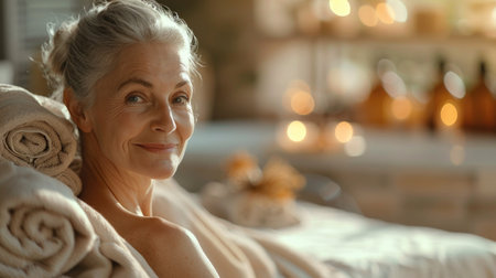 Tranquil spa retreat: rejuvenating body care for lovely elderly woman amidst steam room, sauna, and water treatments, promoting relaxation and skin rejuvenation.の素材