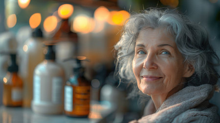 Tranquil spa retreat: rejuvenating body care for lovely elderly woman amidst steam room, sauna, and water treatments, promoting relaxation and skin rejuvenation.の素材
