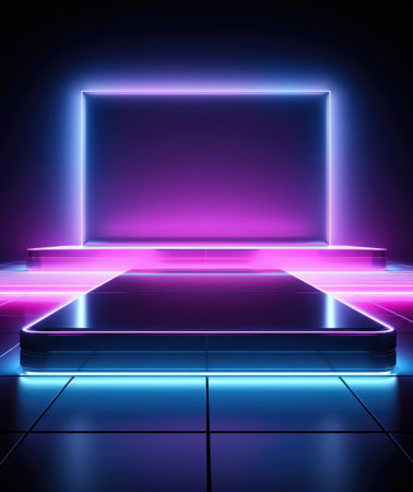 Electrifying stage: mesmerizing scenes LED panels, holographic displays, laser lights, ample copy space, dynamic banners, creating visual symphony for immersive events and cutting-edge presentationsの素材