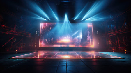 Electrifying stage: mesmerizing scenes LED panels, holographic displays, laser lights, ample copy space, dynamic banners, creating visual symphony for immersive events and cutting-edge presentationsの素材