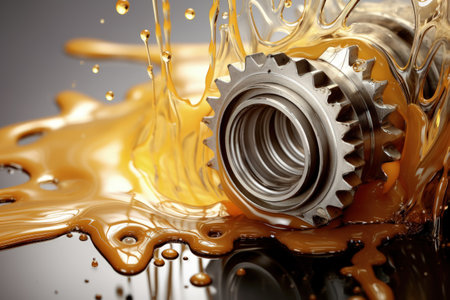 Motor oil in the mechanism of a car engine: care for durability and efficiency. car engine with lubricant oil on repairing. Concept of lubricated motor oil.の素材