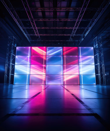 Electrifying stage: mesmerizing scenes LED panels, holographic displays, laser lights, ample copy space, dynamic banners, creating visual symphony for immersive events and cutting-edge presentationsの素材