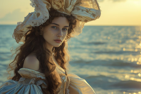 Elegant vintage: woman in baroque renaissance style clothing reminiscent of the Victorian era, a timeless portrayal of grace and sophistication in historical fashion 19th centuryの素材
