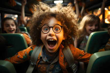 Joyful ride: fun students on a school bus, sharing laughter and creating memories on their journey to school, embodying the spirit of friendship and adventure during their commute together.の素材