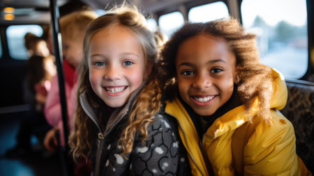 Joyful ride: fun students on a school bus, sharing laughter and creating memories on their journey to school, embodying the spirit of friendship and adventure during their commute together.の素材