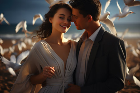 Capturing love on the beach: a beautiful couple shares intimate moments by the sea, surrounded by seagulls, enjoying the serenity, romance, and breathtaking scenery of their coastal paradise getawayの素材
