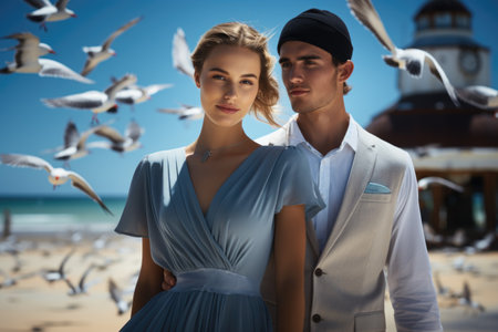 Capturing love on the beach: a beautiful couple shares intimate moments by the sea, surrounded by seagulls, enjoying the serenity, romance, and breathtaking scenery of their coastal paradise getawayの素材