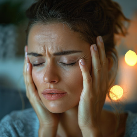 Headache, agony discomfort and migraine with effective treatment, stress relief, lifestyle adjustments for improved health and well-being, solution for symptom relief and comfor pulsating character.の素材