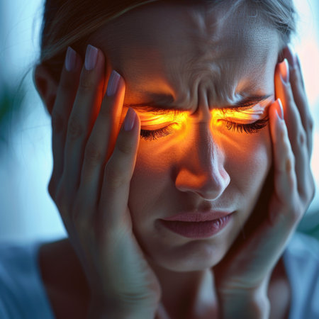 Headache, agony discomfort and migraine with effective treatment, stress relief, lifestyle adjustments for improved health and well-being, solution for symptom relief and comfor pulsating character.の素材