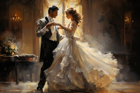 Rhythmic elegance: embracing the timeless allure of waltz, a dance of grace and harmony, partners move in rhythmic synchronization, swirling and twirling to enchanting melody of a classic compositionの素材