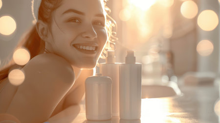 Spa treatments: lotions, creams, wellness supplies, beautiful items with bottles mockup for banner, copy space, showcasing luxurious skincare and relaxation products in elegant presentationsの素材