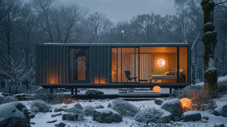 Serene woodland retreat: cozy and inviting house nestled in the tranquil woods, a perfect getaway for nature lovers seeking peace and relaxation amidst natural beauty and comfort.の素材