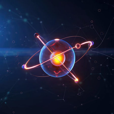 Atomic dance: subatomic realm, electrons, neutrons, and protons orbit a fixed nucleus in a model empty space within atoms, showcasing set, predictable paths in the intricate world of particle physics.の素材