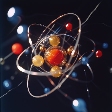 Atomic dance: subatomic realm, electrons, neutrons, and protons orbit a fixed nucleus in a model empty space within atoms, showcasing set, predictable paths in the intricate world of particle physics.の素材