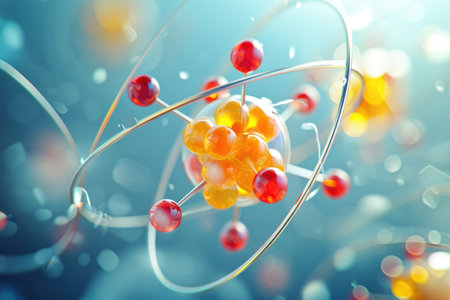 Atomic dance: subatomic realm, electrons, neutrons, and protons orbit a fixed nucleus in a model empty space within atoms, showcasing set, predictable paths in the intricate world of particle physics.の素材