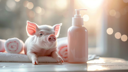 Adorable spa pig: cute and pampered pig enjoying relaxing spa treatments, a charming and delightful scene of animal wellness and indulgence, perfect for showcasing relaxation and cuteness.の素材