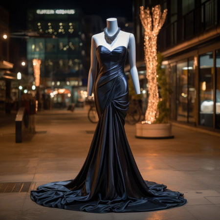 Elegance unveiled: a captivating display of a beautiful, luxurious evening gown gracefully adorning a mannequin, epitomizing timeless style and opulence for a glamorous and chic affair.の素材