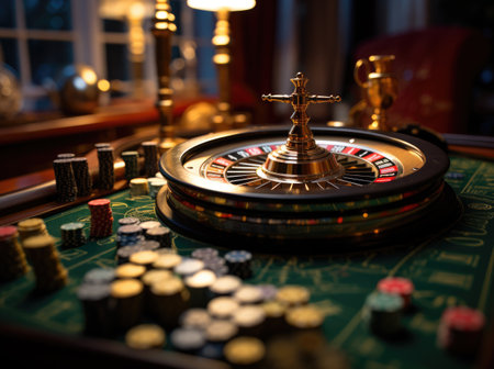 The concept of games of chance. Online casino gaming: roulette, cards, betting, chips, dice a world of chance and excitement, endless gaming possibilities and the allure of virtual fortunesの素材