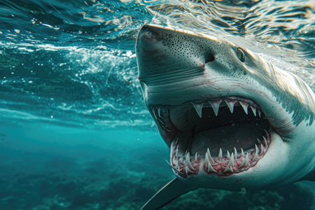 Menacing beauty: underwater world with the shark predator, a captivating glimpse into the fierce, powerful, and mysterious realm of marine life, where danger and elegance coexist.の素材