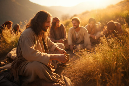 In serene tableau, Jesus Christ and disciples gather, radiating divine harmony. Scene captures essence of spiritual teachings and the sacred camaraderie among these central figures of Christian faithの素材
