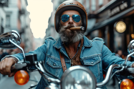 Portrait of a male biker, strength freedom, and individuality on the open road, adventurous spirit and the rebellious allure of the motorcycle, masculinity in motion.の素材