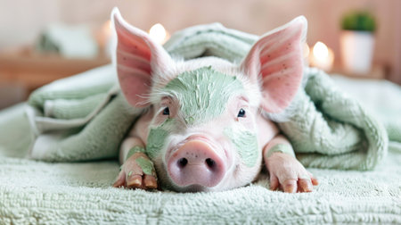 Adorable spa pig: cute and pampered pig enjoying relaxing spa treatments, a charming and delightful scene of animal wellness and indulgence, perfect for showcasing relaxation and cuteness.の素材
