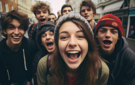Global smiles: capturing joy in group selfies of cheerful and happy young people diverse nationalities, celebrating unity, friendship, cultural harmony in shared moments of happiness and togethernessの素材