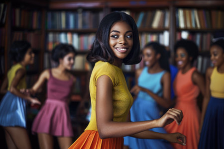 Nostalgic portraits of black individuals 1960s early 1970s, soulful essence of young women in vibrant dresses, men grooving to jazz melodies, celebrating cultural vibrancy, resilience transformative eraの素材