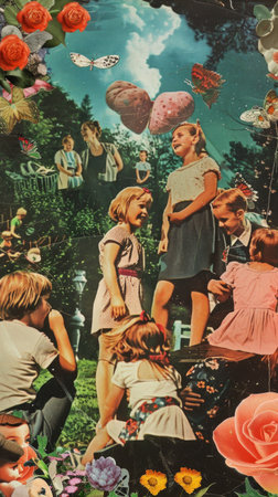 Nostalgic 1950's collage: a vibrant mosaic of mid-century memories, blending retro aesthetics and vintage charm, capturing the spirit of an iconic era in a dynamic visual tapestryの素材