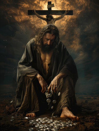 Betrayal scene of Judas thirty pieces of silver, shadow of betrayal and the bitter aftermath, with aftermath of Jesus Christ on cross as the backdrop, epitomises the tragic story of the crucifixion.の素材