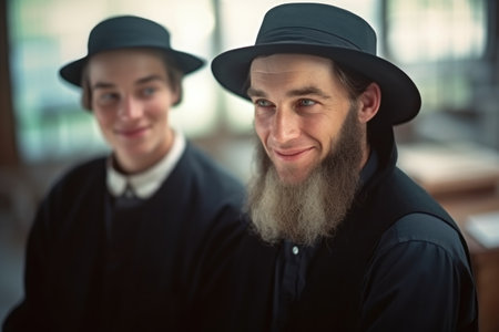 Portrayal of Amish people, traditional lifestyle, close bonds of community, rural simplicity, values of cultural richness, traditions of close-knit family friendly living group. village country lifeの素材