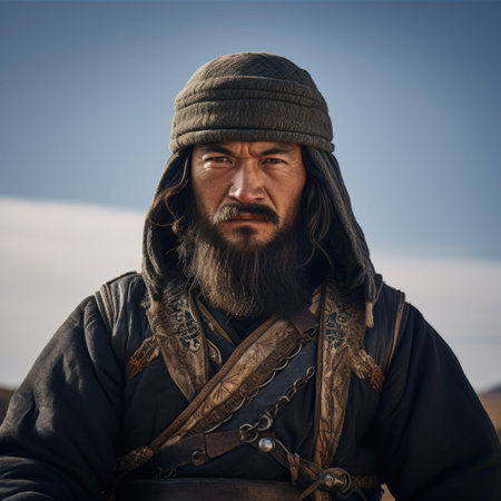 Tatar Mongols: nomadic warriors and conquerors, cultural legacy, military prowess, Eurasian steppes strength, traditional attire, resilience and the spirit of the historic nomadic lifestyleの素材