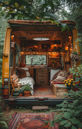 Van-dwelling vanlife, embracing freedom of life on road, exploring the world from the comfort of a cozy van, experiencing adventure, nature, and community while living a minimalist and sustainable lifestyleの素材