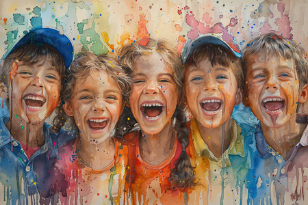 Watercolor happy laughing child: a portrait of youthful joy and innocence, captured in vibrant hues and delicate brushstrokes, evoking warmth and nostalgiaの素材